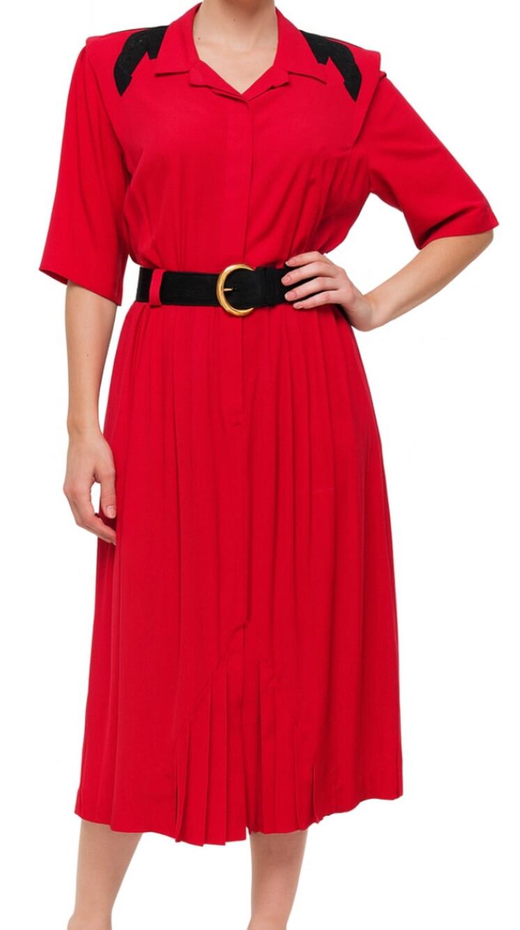 Vintage 80s Red Black Collared Belted Pleated Shoulder Pads Midi Dress size M